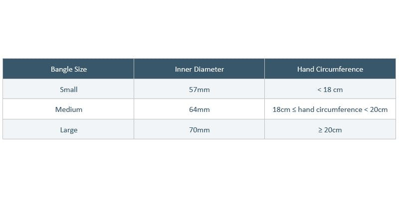 Table showing bangle size, inner diameter, and hand circumference measurements.