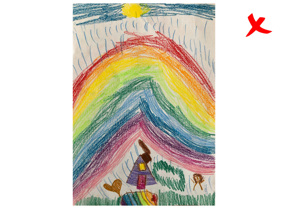 Colorful drawing of a rainbow with a child and animals