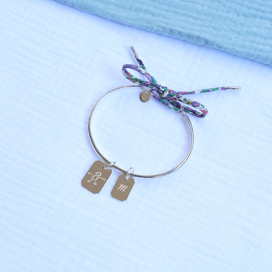 Sterling silver bangle for women, personalised with child's drawing engraving and colorful fabric