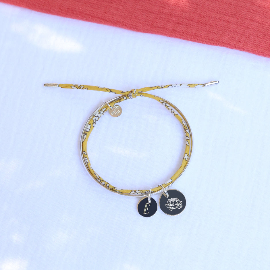 Silver Women Bangle with two round pendants, engraved with initial and birth flower