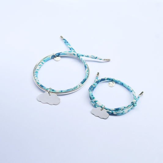 Solid sterlig silver bangle and cord bracelet with engravable cloud pendants ideal for mums and their little ones