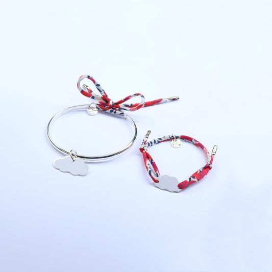 Bracelets set for mums and their little ones composed of one bangle and one cord bracelet both with cloud pendants