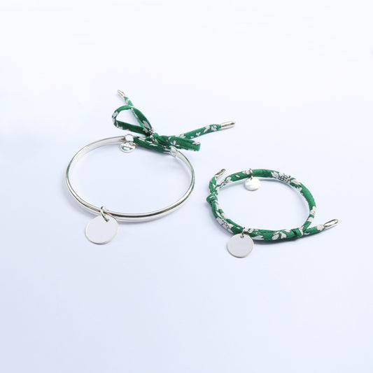 Silver bangle and matching cord bracelet for mums and children with engravable round pendant