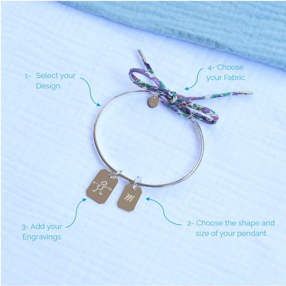 Sterling silver bangle for women with engraved bar pendants