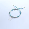 Load image into Gallery viewer, Silver bangle for women with bar pendant and light blue fabric
