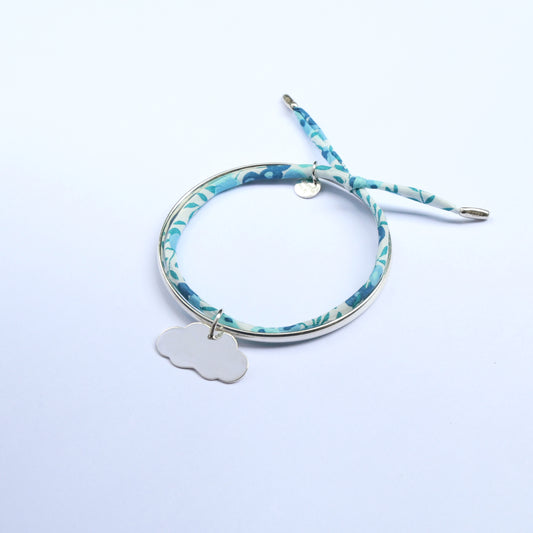 Sterling silver bangle for women with cloud pendant and colourful fabric