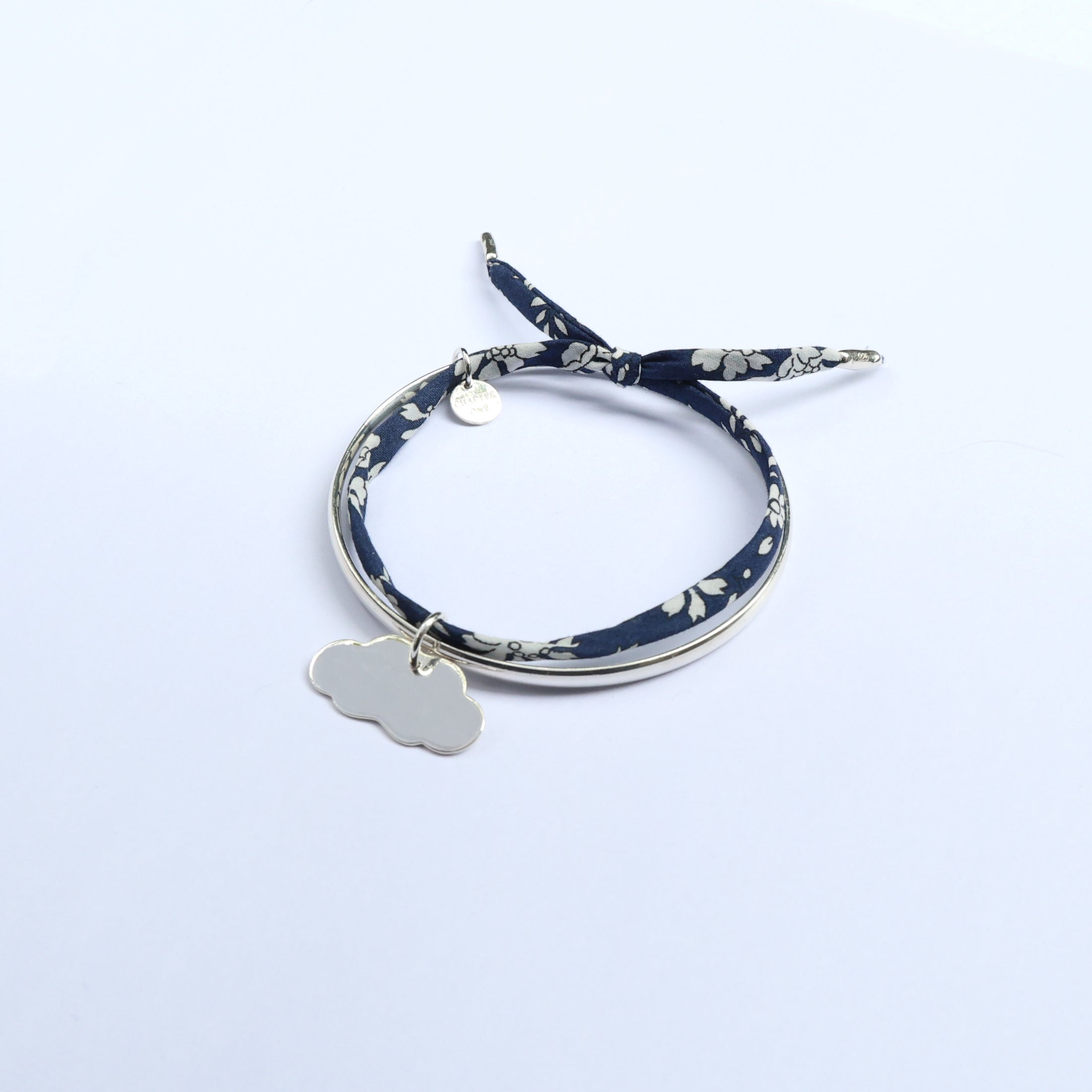 Sterling silver bangle for mum with engravavble cloud charm and navy blue fabric