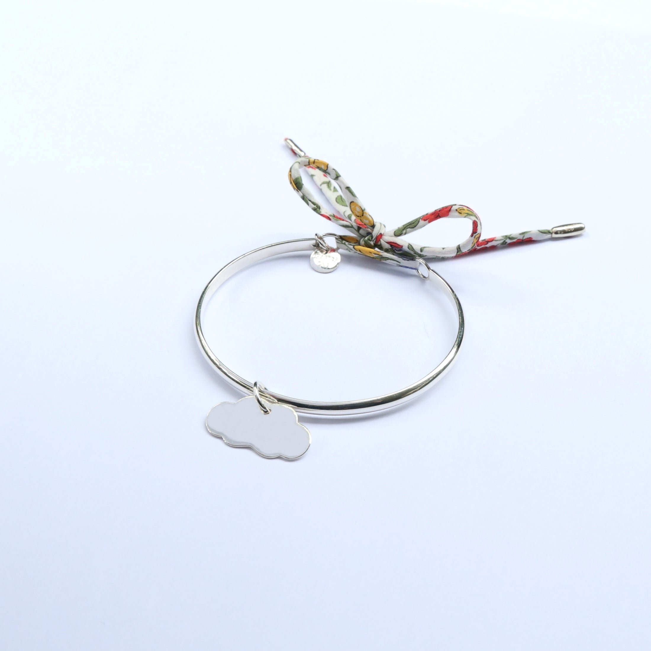 Silver bangle for mums, with engravable cloud pendant and floral fabric